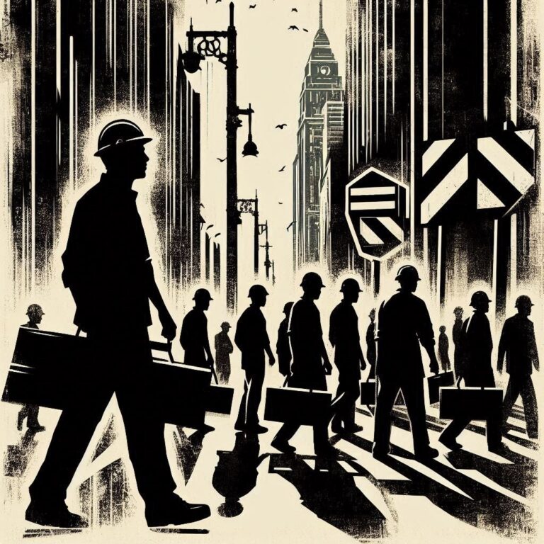 Arte para ilustrar crônica do Blog do Tiago Prado_ cenário urbano desgastado com tons escuros e contrastantes. Figuras estilizadas de trabalhadores em sombra, representando precarização. Elementos visuais como placa