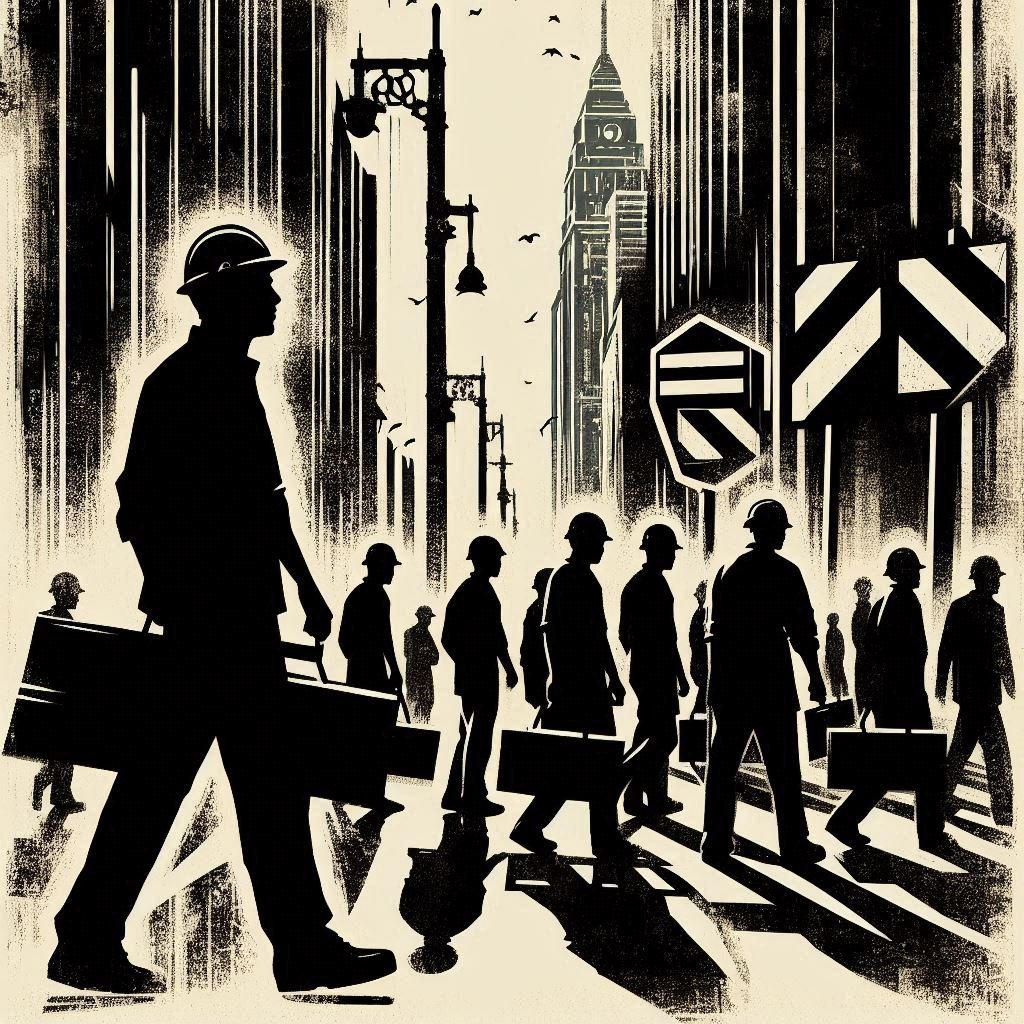 Arte para ilustrar crônica do Blog do Tiago Prado_ cenário urbano desgastado com tons escuros e contrastantes. Figuras estilizadas de trabalhadores em sombra, representando precarização. Elementos visuais como placa