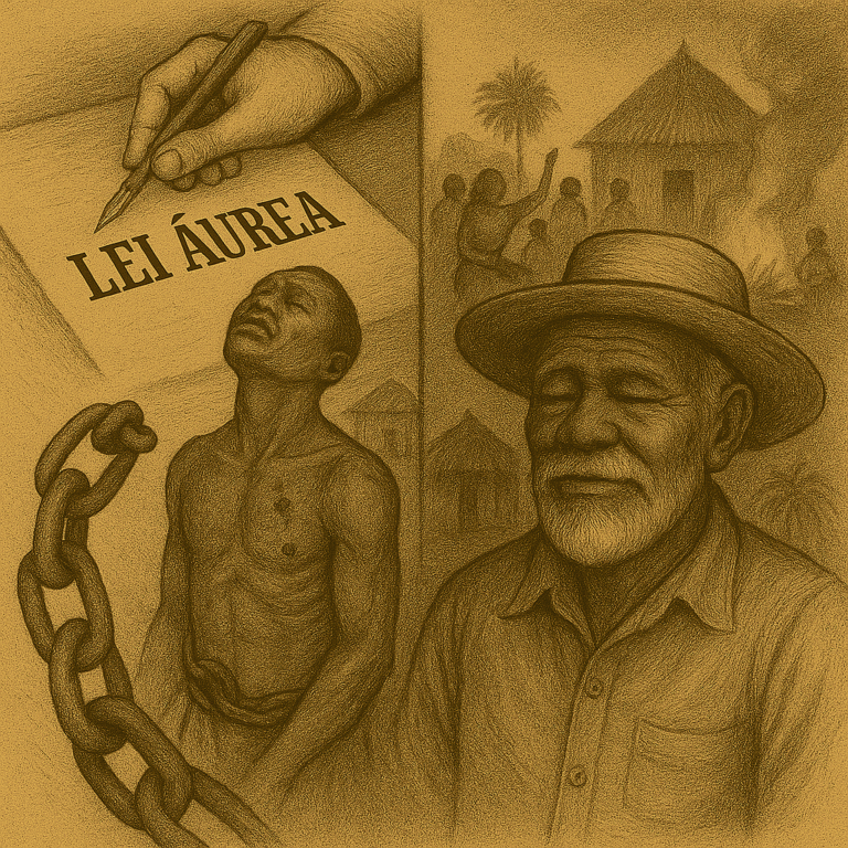 Ilustração que simboliza o contraste entre a assinatura da Lei Áurea e a resistência do povo negro, representado pelo Preto Velho