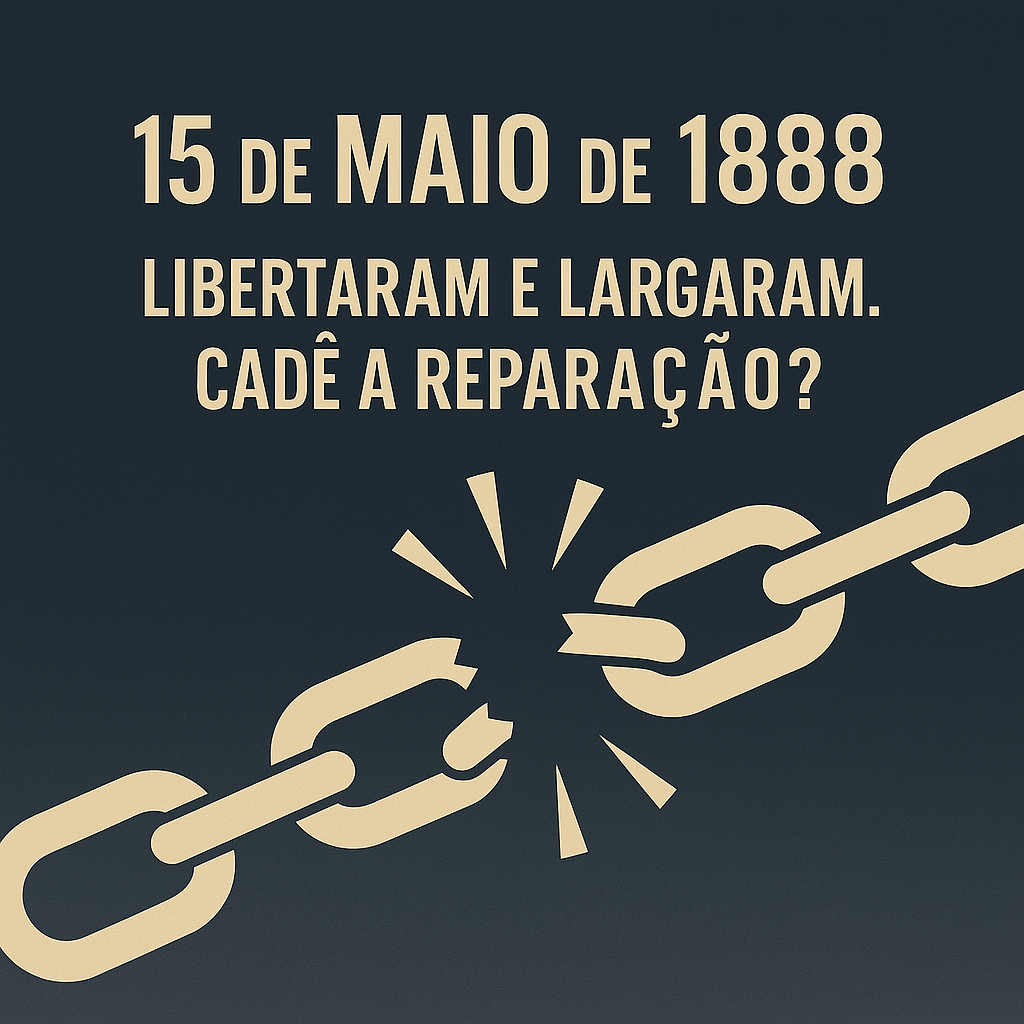 Imagem conceitual minimalista que representa o abandono e a falta de reparação após a abolição da escravidão no Brasil, com símbolos como correntes quebradas, sombras de senzalas e territórios marginalizados