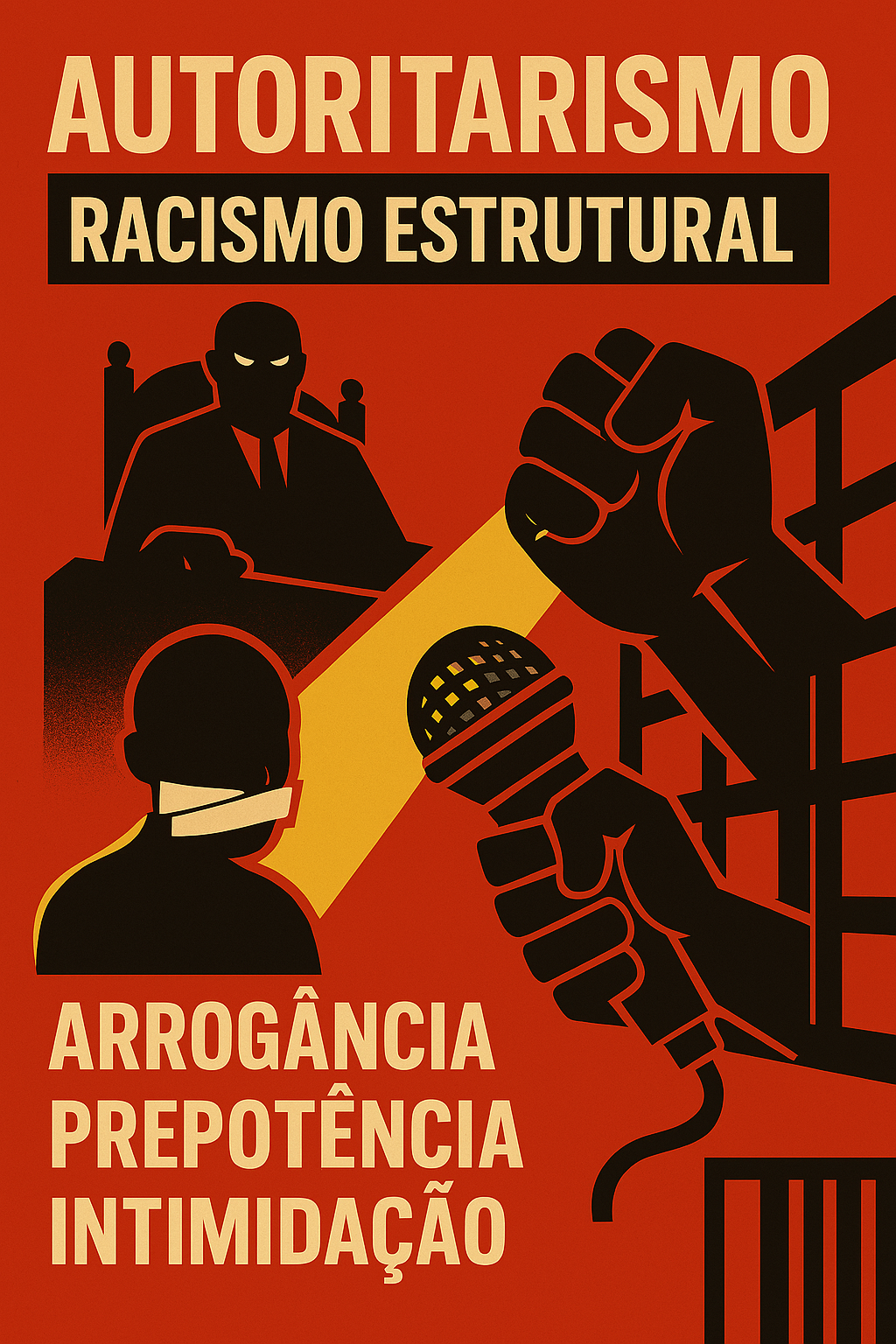 Imagem conceitual minimalista representando discurso agressivo, autoritario, racismo estrutural e censura na política, com elementos visuais que evocam silenciamento e marginalização.