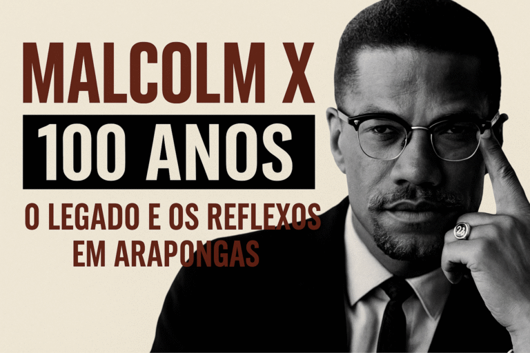 Arte digital em homenagem aos 100 anos de Malcolm X, com elementos que remetem à luta antirracista e à resistência negra.
