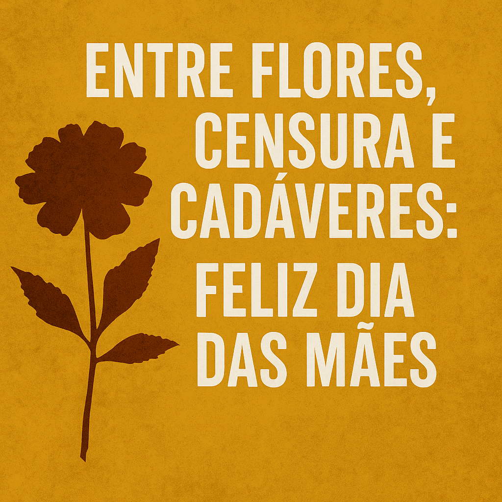Imagem com a frase “Entre flores, censura e cadáveres: Feliz Dia das Mães” sobre fundo amarelo e flor escura