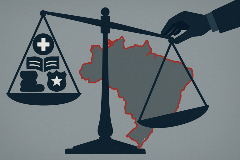 Balança desequilibrada simbolizando o impacto do Estado mínimo no Brasil