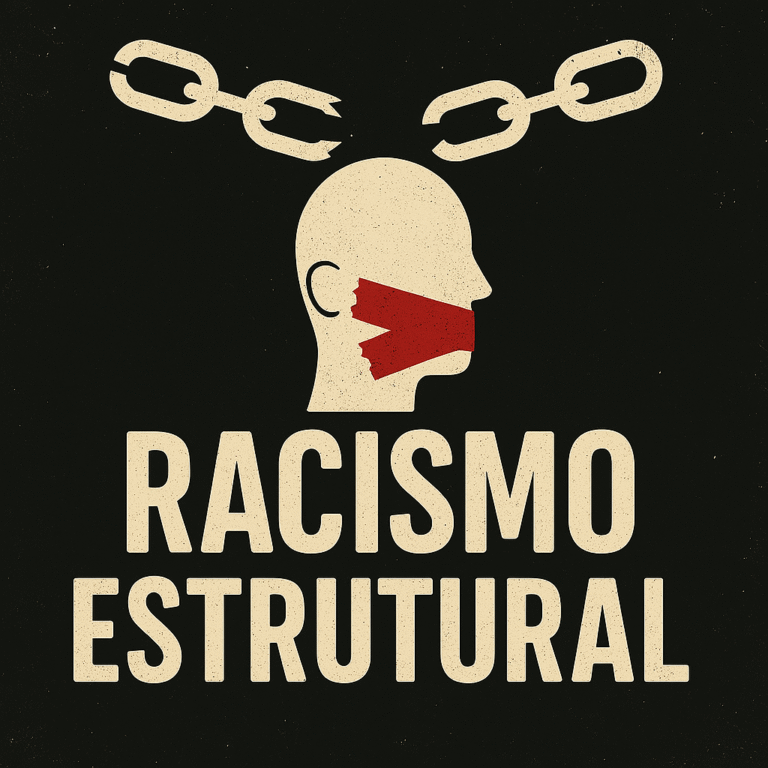 magem conceitual minimalista representando racismo estrutural e censura, com símbolos de opressão e resistência
