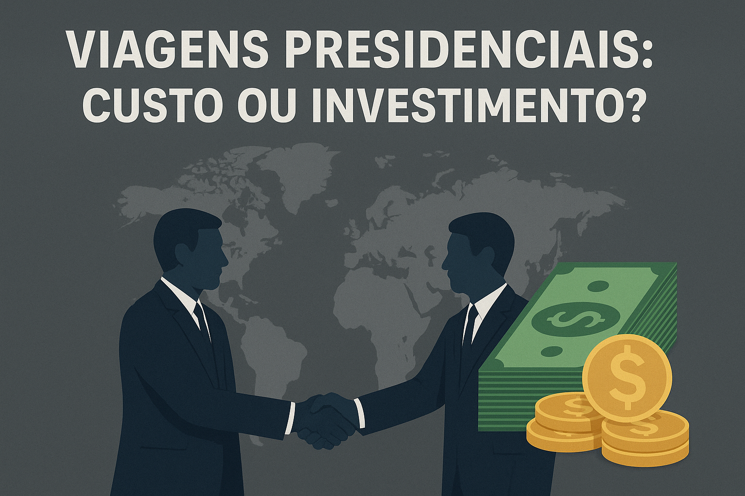 Em viagens precidenciais, diplomatas apertando as mãos com mapa-múndi ao fundo, moedas e cédulas simbolizando investimentos internacionais