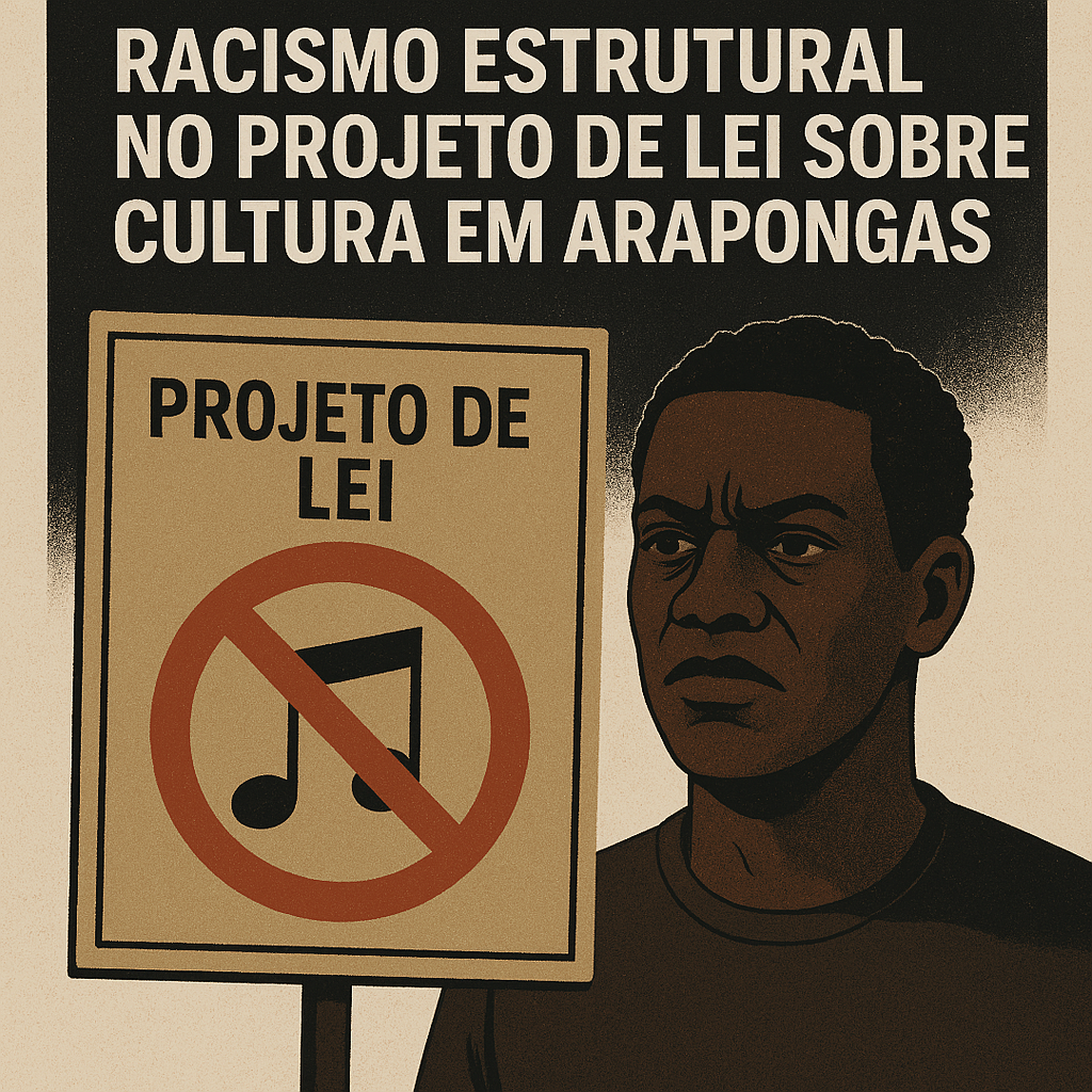 Ilustração conceitual representando racismo estrutural na cultura, com figuras periféricas sendo censuradas por uma estrutura opressiva.