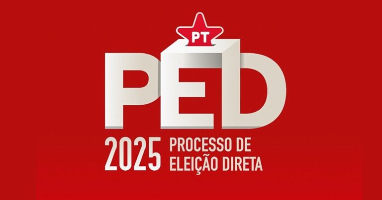 Logo do PED 2025 do PT com fundo vermelho e estrela branca com sigla PT