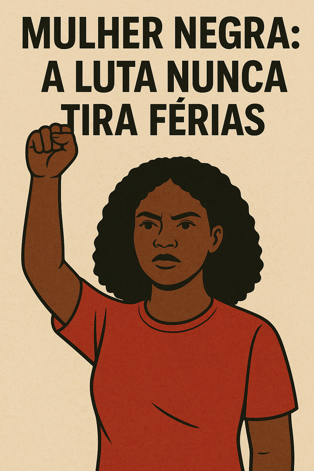Mulher negra de punho erguido em sinal de luta, vestindo camiseta vermelha, com expressão determinada, sob a frase “Mulher Negra: A Luta Nunca Tira Férias”, representando a resistência das mulheres negras latino-americanas e caribenhas.