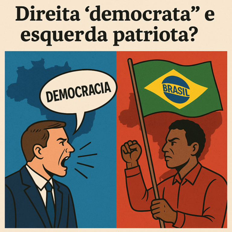 Ilustração política com homem branco da direita gritando "Democracia" e homem negro da esquerda erguendo a bandeira do Brasil com punho cerrado, representando o embate entre discursos ideológicos no Brasil.