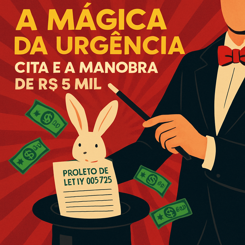 Ilustração política vibrante mostrando um mágico tirando um coelho de uma cartola com um documento e cédulas de R$ 5 mil, representando a manobra em regime de urgência da Câmara de Arapongas.