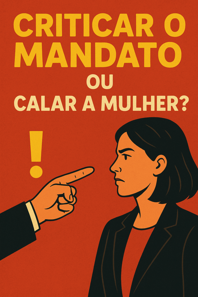 Ilustração política com fundo vermelho mostrando um dedo masculino apontando de forma acusatória para uma mulher de expressão firme, destacando a frase “Criticar o mandato ou calar a mulher?”.