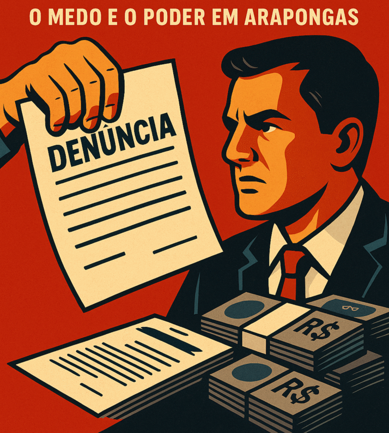 Ilustração representando a denúncia para cassação do vereador Paulo Grassano. A imagem mostra a relação entre o poder político, o dinheiro da elite e o medo imposto a quem ousa denunciar a corrupção em Arapongas.