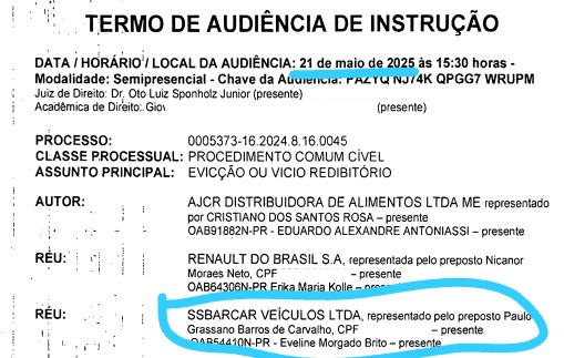 Texto: Prova da denúncia de improbidade em Arapongas: Termo de Audiência mostra o vereador Paulo Grassano, ligado a Onofre e Cita, representando a empresa SSBARCAR em processo judicial.