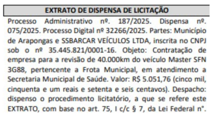 Prova da denúncia contra Paulo Grassano: extrato de dispensa de licitação mostrando contrato da Prefeitura de Arapongas com a SSBARCAR, empresa da família do vereador.