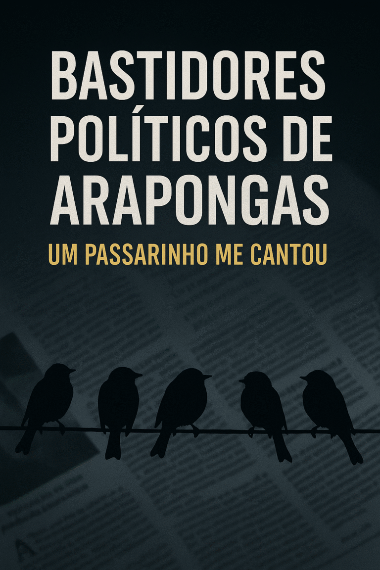 Imagem com o título “Bastidores Políticos de Arapongas – Um passarinho me cantou”, com silhuetas de pássaros sobre um fio e fundo escuro com páginas de jornal, representando segredos e bastidores da política local.