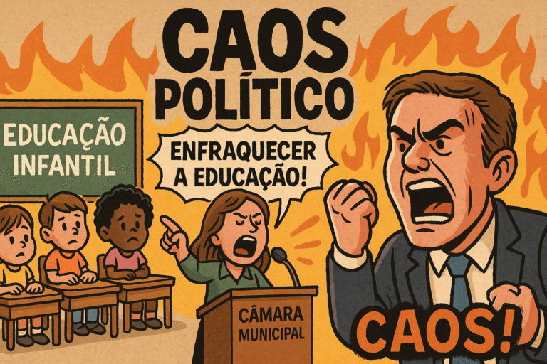 Ilustração digital mostra o plenário da Câmara de Arapongas em chamas simbólicas, representando o caos político criado pelos vereadores Paulo Grassano e Marilsa Vendrametto no debate sobre a Educação Infantil.