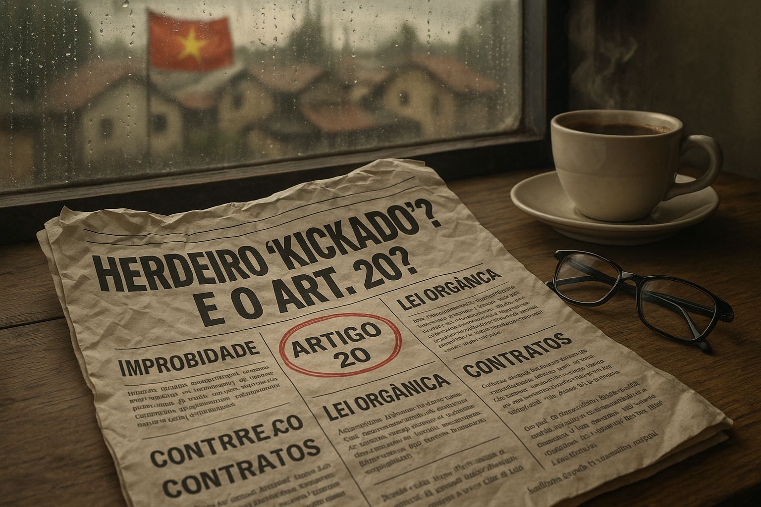 ornal amassado sobre mesa de madeira com a manchete “Herdeiro ‘Kickado’? E o Art. 20?”, cercado por uma xícara de café fumegante e óculos de leitura, diante de uma janela chuvosa com bandeira vermelha tremulando ao fundo.