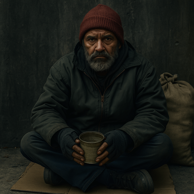 Homem mais velho em situação de rua, com gorro vermelho e expressão séria, sentado no chão de pernas cruzadas e segurando uma lata vazia. Ao fundo, uma parede escura e um saco de estopa.