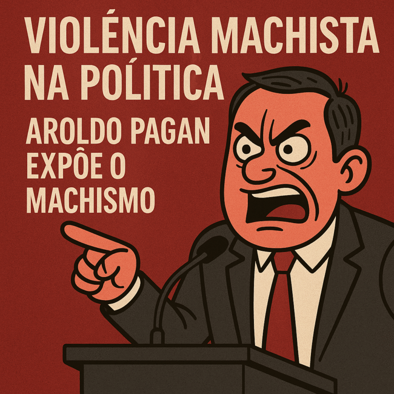 lustração caricatual de um parlamentar agressivo em plenário, representando a violência política de gênero na Câmara de Arapongas.