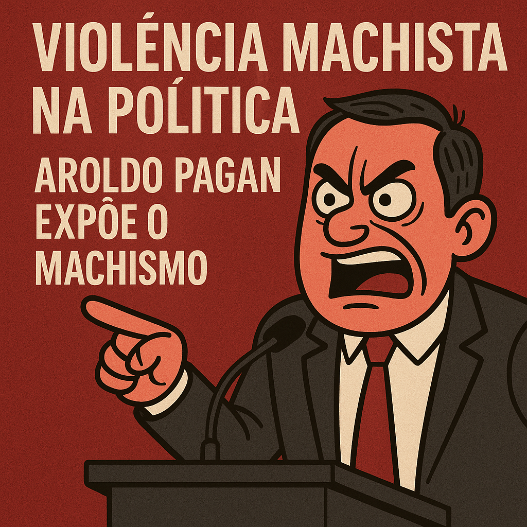 lustração caricatual de um parlamentar agressivo em plenário, representando a violência política de gênero na Câmara de Arapongas.