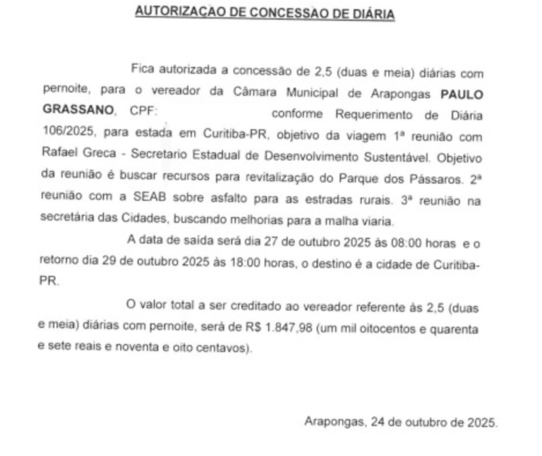 Documento oficial autoriza vereador de Arapongas a receber R$ 1.847,98 em diárias para viagem a Curitiba, gerando críticas sobre uso de recursos públicos.