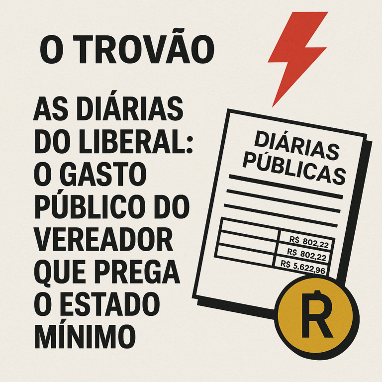 Imagem de destaque do O Trovão com o título “As diárias do liberal: o gasto público do vereador que prega o Estado mínimo”, acompanhada de documento com valores de diárias públicas e símbolo de moeda.