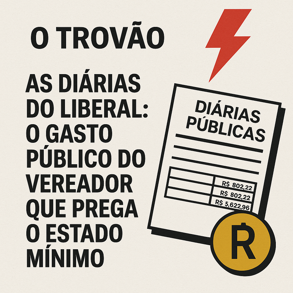 Imagem de destaque do O Trovão com o título “As diárias do liberal: o gasto público do vereador que prega o Estado mínimo”, acompanhada de documento com valores de diárias públicas e símbolo de moeda.