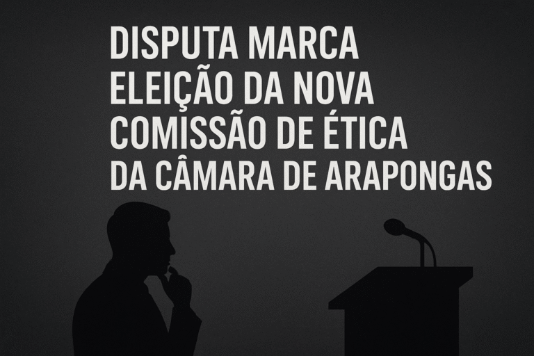 Imagem com fundo escuro e silhueta de um parlamentar diante de um púlpito, com o texto “Disputa marca eleição da nova Comissão de Ética da Câmara de Arapongas”, destacando o clima político tenso na Câmara Municipal.