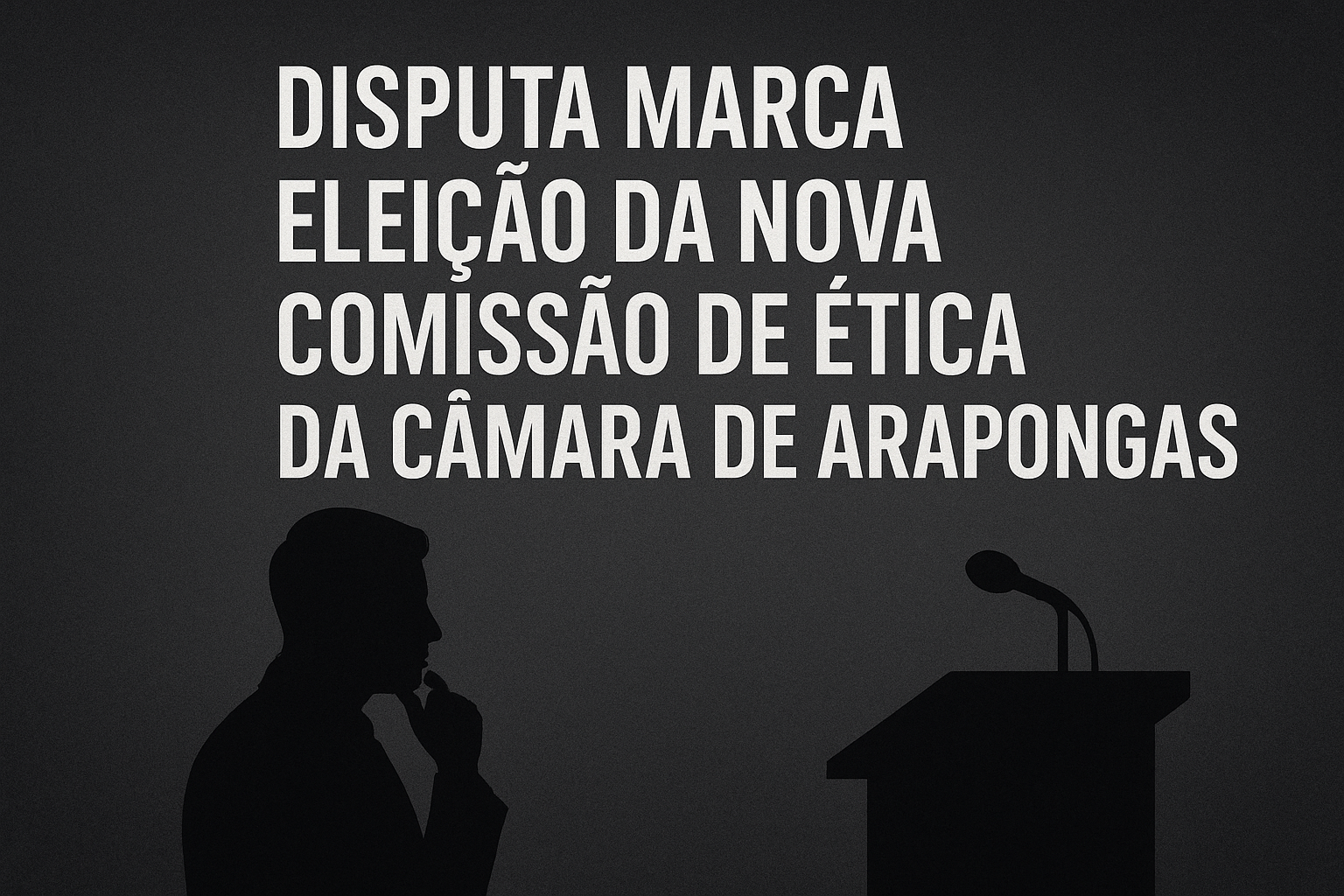 Imagem com fundo escuro e silhueta de um parlamentar diante de um púlpito, com o texto “Disputa marca eleição da nova Comissão de Ética da Câmara de Arapongas”, destacando o clima político tenso na Câmara Municipal.