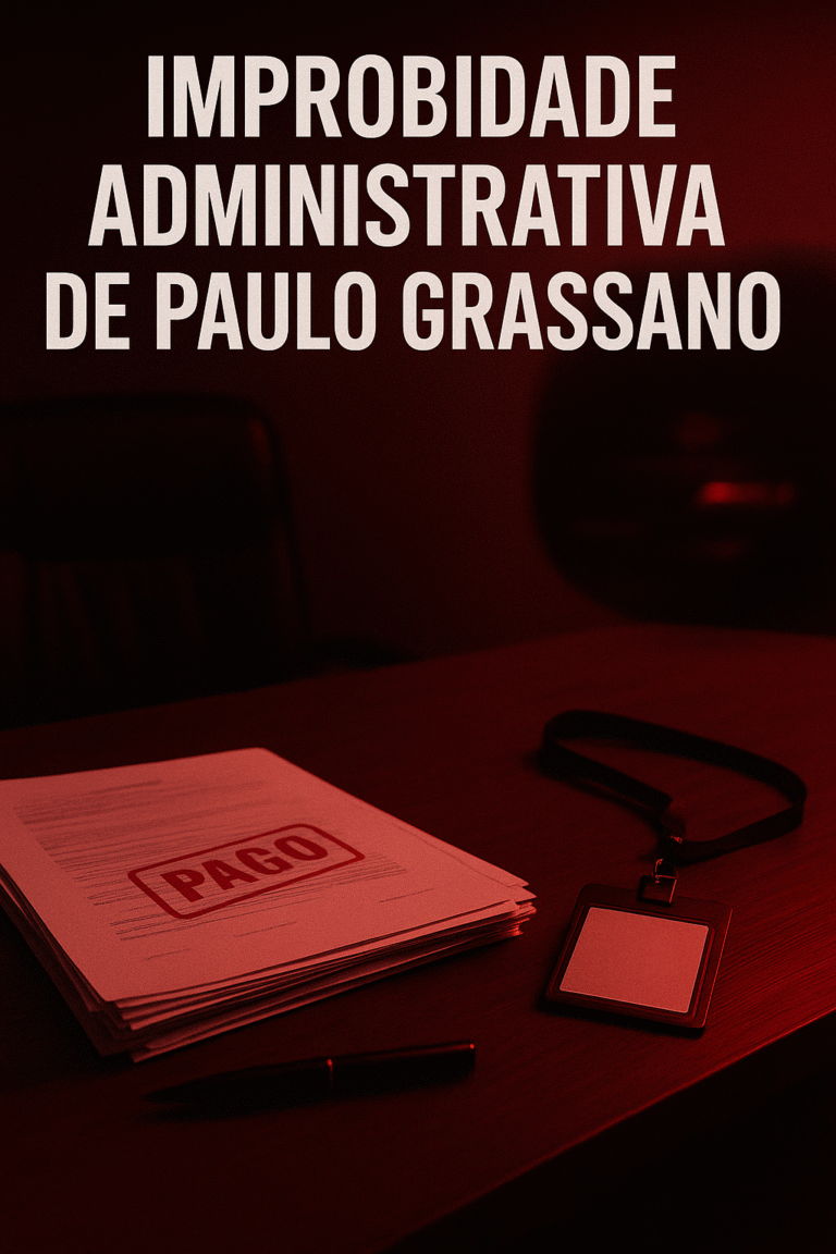 Cena ilustrando a improbidade administrativa de Paulo Grassano: mesa de gabinete com papéis carimbados “pago”, crachá e iluminação vermelha de denúncia política.