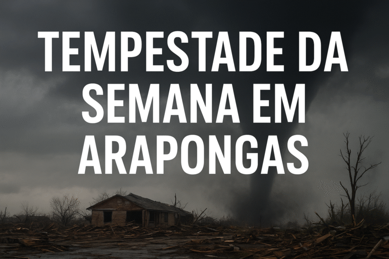 Cena de destruição causada por tornado com o título “Tempestade da Semana em Arapongas” em destaque.