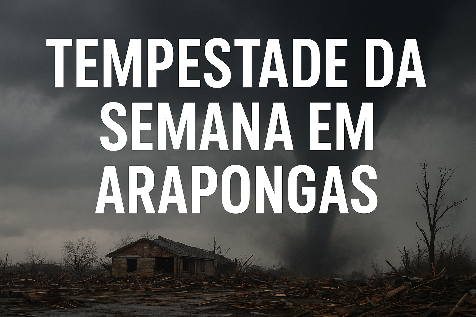 Cena de destruição causada por tornado com o título “Tempestade da Semana em Arapongas” em destaque.