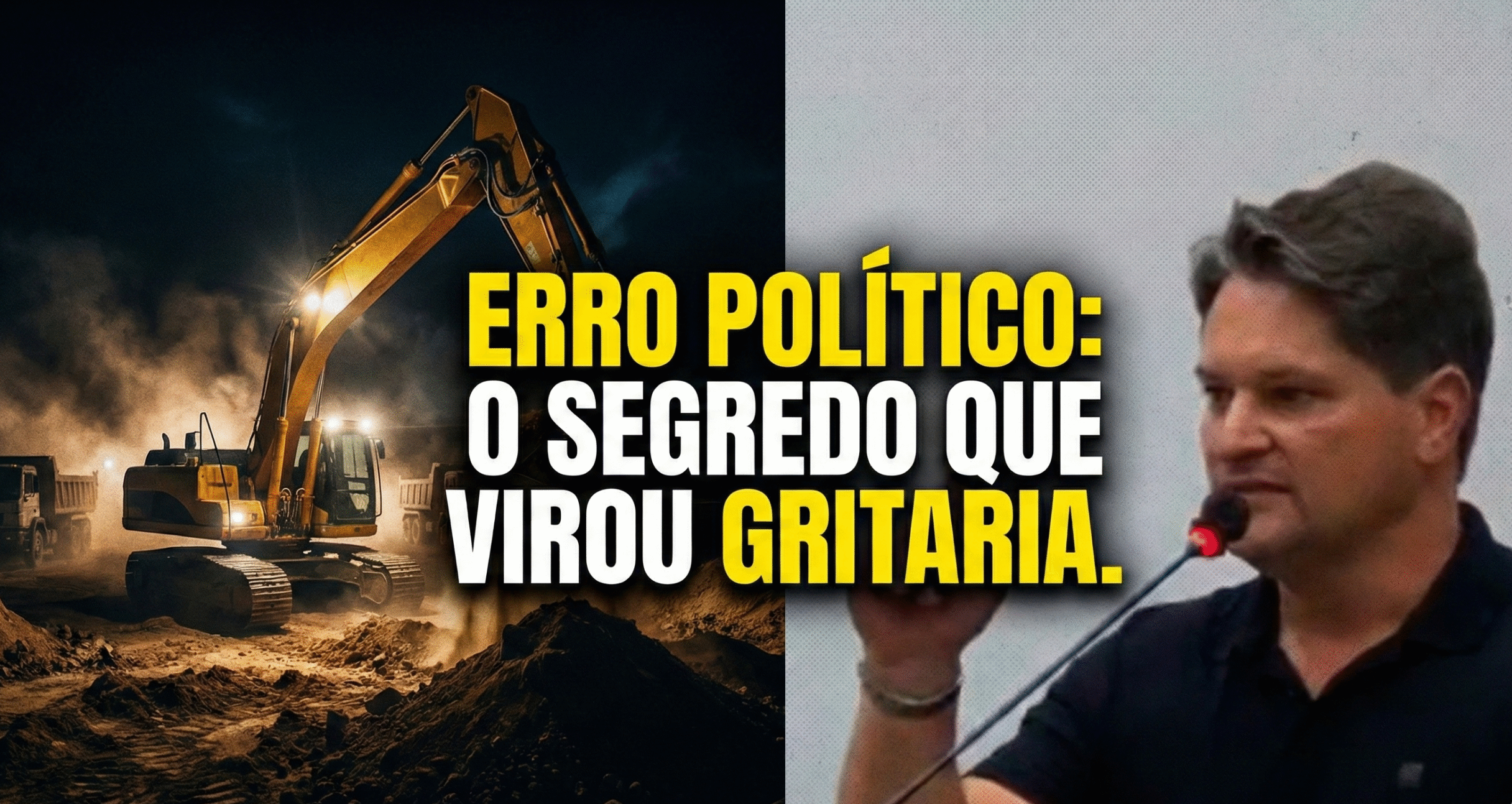 Montagem dividida: à esquerda, máquinas pesadas operando no escuro no aeroporto; à direita, vereador Alexandre Sorriso gesticulando na tribuna. Texto: Erro político Câmara Arapongas: O segredo que virou gritaria.