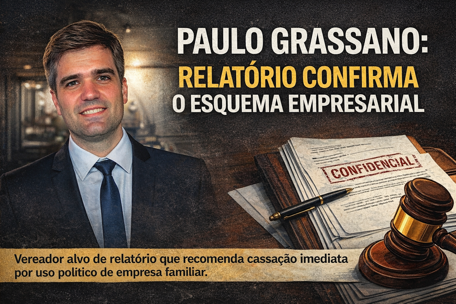 Ilustração detalhada sobre o processo de cassação de Paulo Grassano em Arapongas, mostrando o relatório da Comissão de Ética, o martelo da justiça e documentos da empresa SSBarcar.