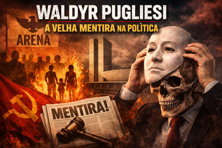 lustração política representando a mentira na política brasileira associada a Waldyr Pugliesi, com elementos simbólicos como ARENA, fogo, Congresso e manipulação ideológica