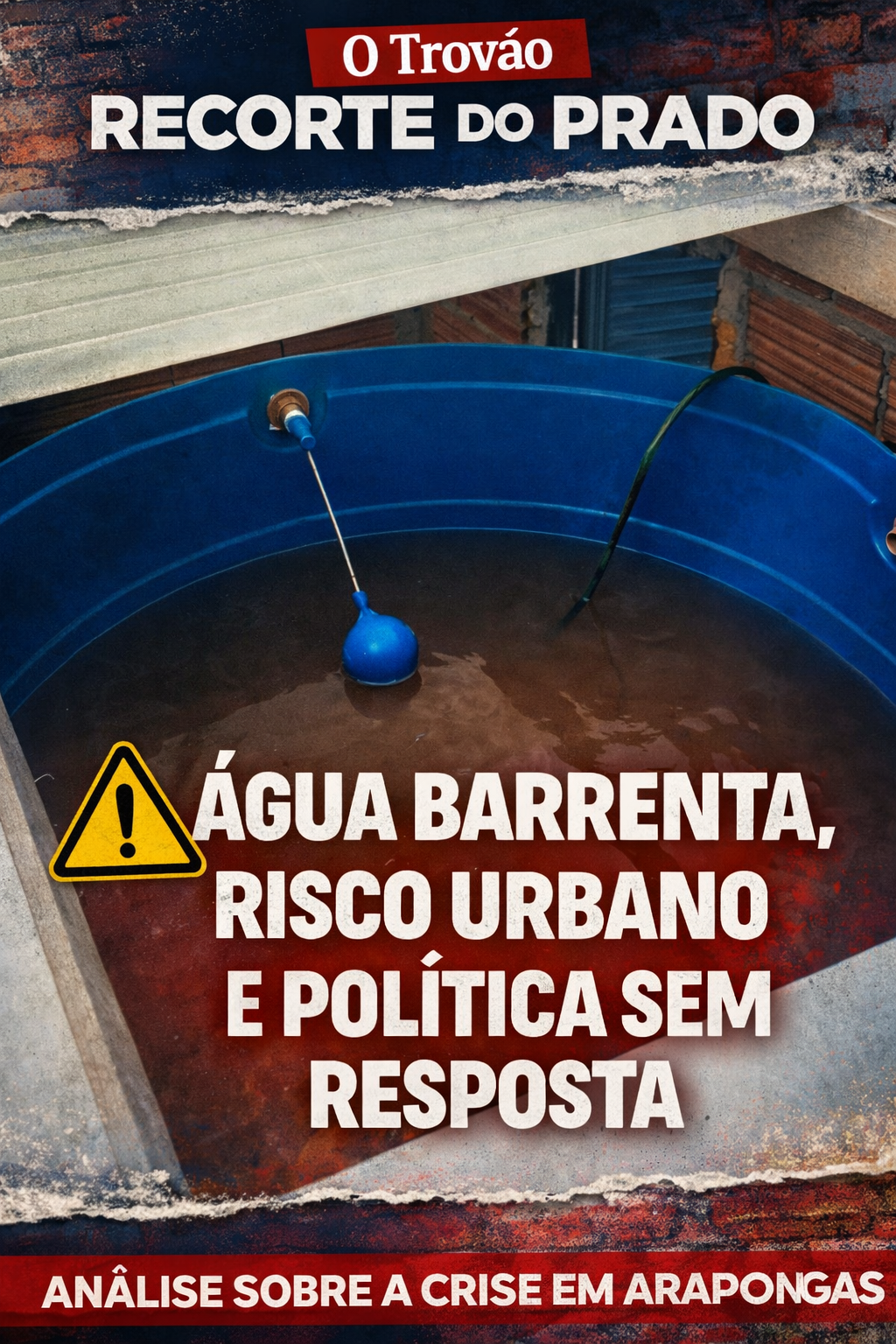 Caixa d’água com água barrenta em Arapongas evidenciando falha no abastecimento e crise urbana