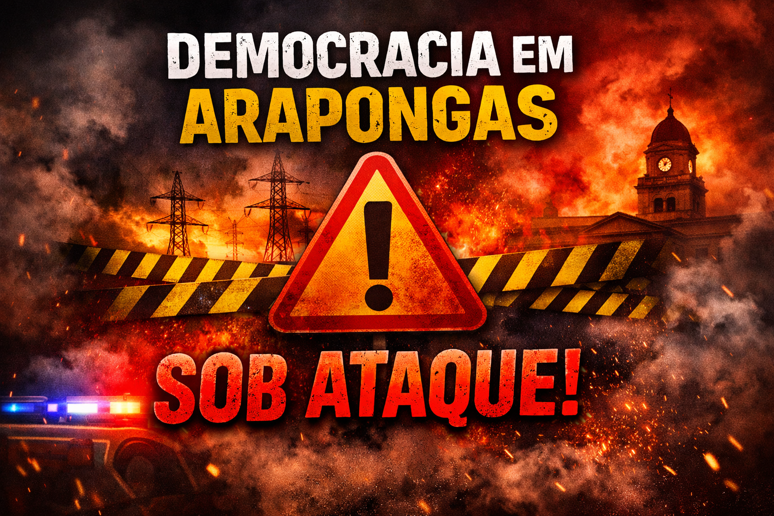 Denunciar em Arapongas vira Crime. Alerta de que a democracia em Arapongas está sob ataque com símbolo de perigo e cenário em chamas