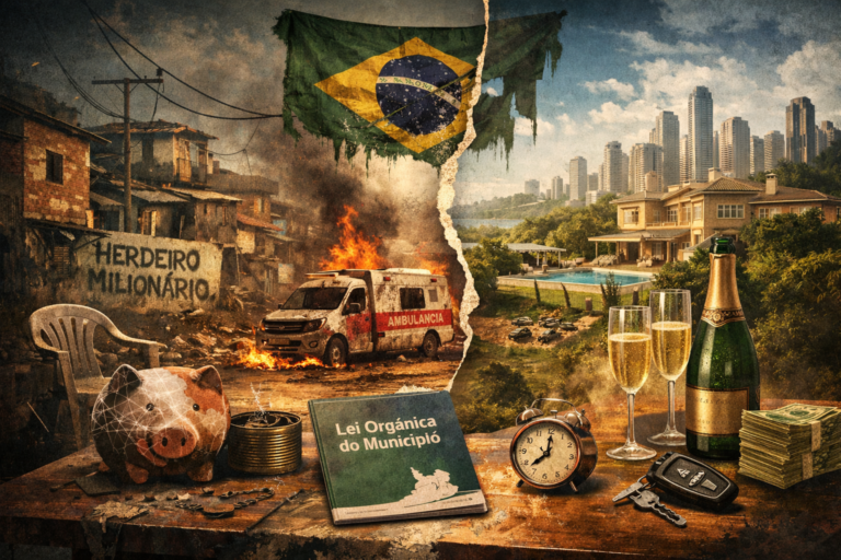 lustração mostra contraste entre periferia com ambulância em chamas e área rica com mansão, simbolizando privilégio, desigualdade e o caso envolvendo Paulo Grassano.