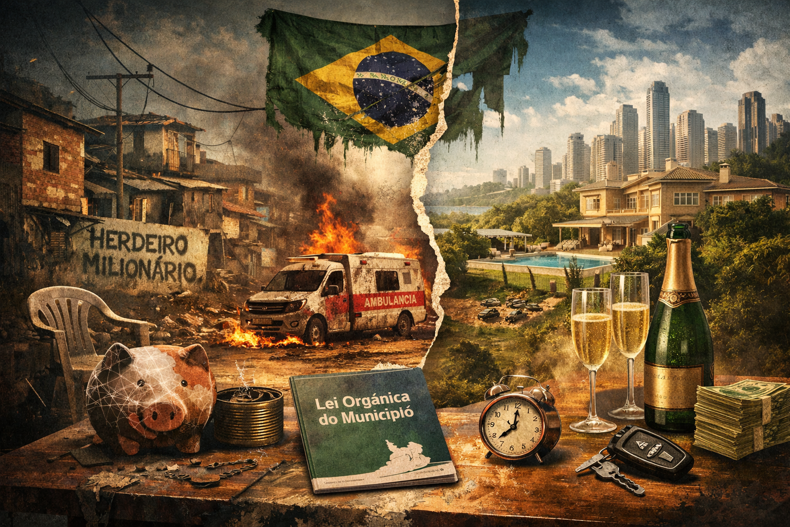 lustração mostra contraste entre periferia com ambulância em chamas e área rica com mansão, simbolizando privilégio, desigualdade e o caso envolvendo Paulo Grassano.