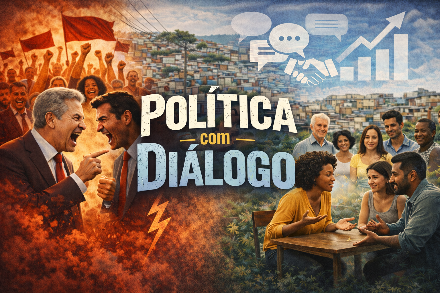 Moradores de comunidade periférica participam de diálogo político enquanto ao fundo aparece contraste com política baseada em conflito