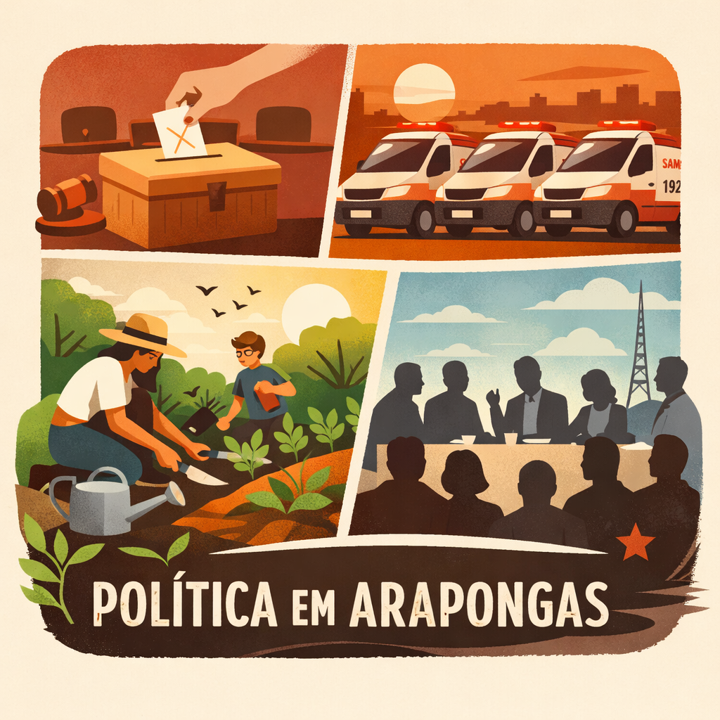 Ilustração minimalista sobre política em Arapongas com voto, ambulâncias do SAMU, horta comunitária e reunião política