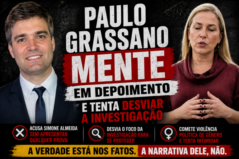 Paulo Grassano e Simone Almeida em montagem com fundo escuro e manchete “Paulo Grassano mente em depoimento”, abordando desvio de investigação e acusações sem prova.