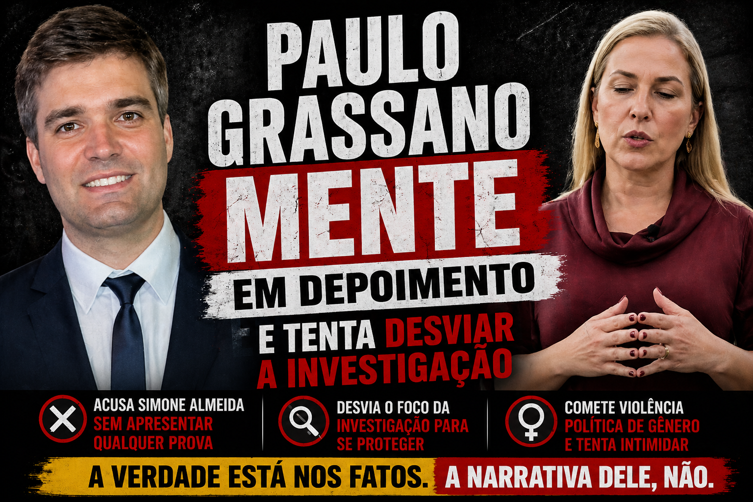 Paulo Grassano e Simone Almeida em montagem com fundo escuro e manchete “Paulo Grassano mente em depoimento”, abordando desvio de investigação e acusações sem prova.
