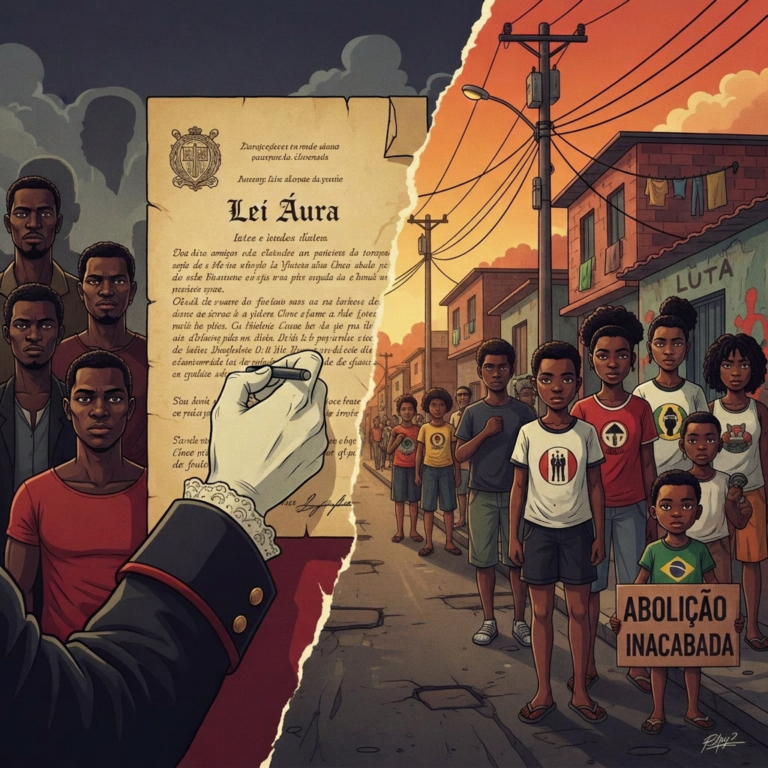 Abolição da escravidão no Brasil representada por um papel da Lei Áurea rasgado ao lado de uma rua de periferia com crianças e jovens negros em protesto segurando cartaz de “Abolição inacabada”.