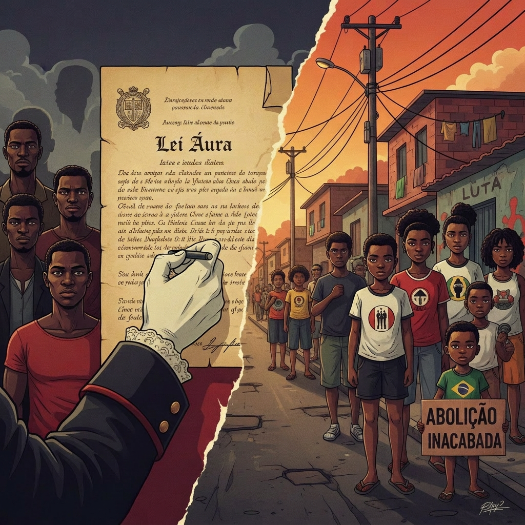 Abolição da escravidão no Brasil representada por um papel da Lei Áurea rasgado ao lado de uma rua de periferia com crianças e jovens negros em protesto segurando cartaz de “Abolição inacabada”.