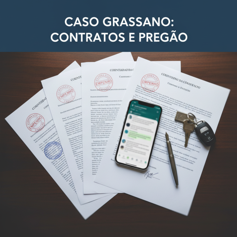 Mesa com documentos de empenho, celular com conversas, chaves e caneta ilustrando o Caso Grassano, contratos e pregão