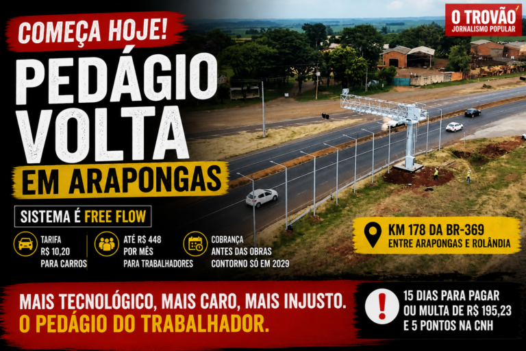 Imagem aérea do pedágio free flow na BR-369, em Arapongas, com destaque para tarifa, impacto mensal e início da cobrança em 04 de maio de 2026.