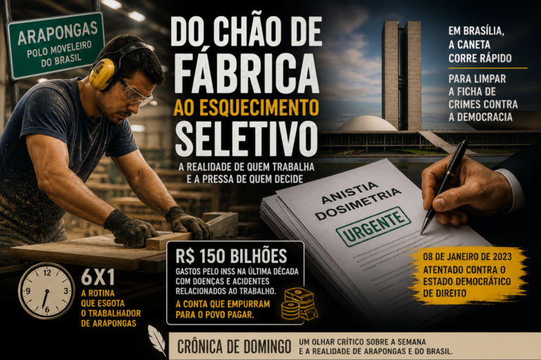 rabalhador de Arapongas em fábrica de móveis durante jornada exaustiva enquanto decisões políticas são tomadas em Brasília
