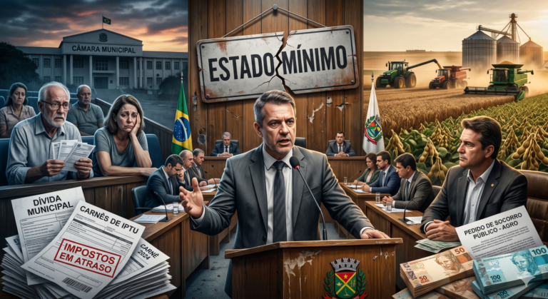 Vereador em plenário ao lado de boletos, contribuintes e símbolos do agronegócio, ilustrando o debate sobre o PL 033/2026 e o Refis municipal